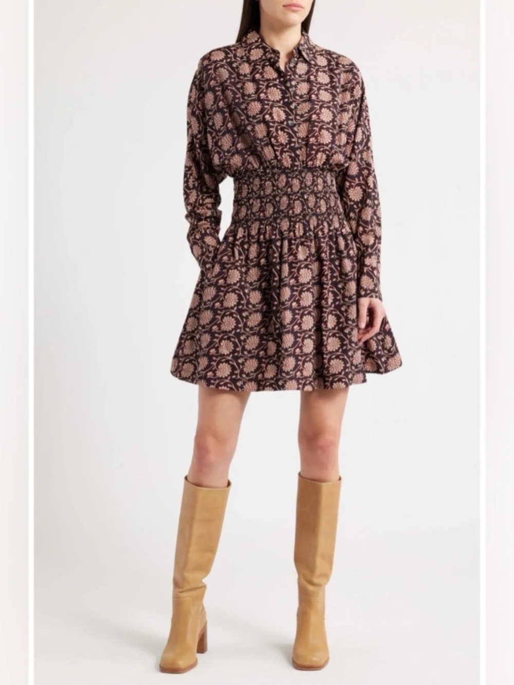 Madewell Shirred Mini Shirtdress S Dark Karob Floral Smocked Waist Dress